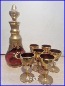 Vintage Murano glass decanter & matching Set Of 6 glasses, Unused, Hand Painted