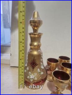 Vintage Murano glass decanter & matching Set Of 6 glasses, Unused, Hand Painted
