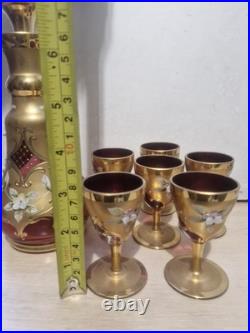 Vintage Murano glass decanter & matching Set Of 6 glasses, Unused, Hand Painted