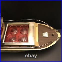 Vintage Musical Yacht Boat Decanter Set MCM Shot Glass Barware Kitsch Nautical