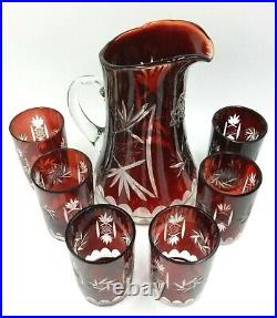 Vintage Nachtmann Bavarian Ruby Red Cut To Clear Glass Decanter & Six Glasses