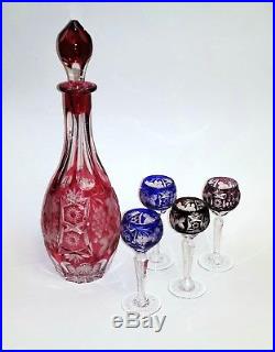Vintage Nachtmann Traube Ruby Red Cut Crystal Decanter Set 4 Cordial Glasses