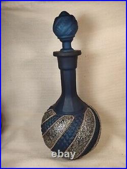 Vintage Navy Satin Glass Decanter Silver Panels Chain Stopper