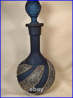 Vintage Navy Satin Glass Decanter Silver Panels Chain Stopper