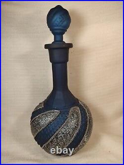 Vintage Navy Satin Glass Decanter Silver Panels Chain Stopper