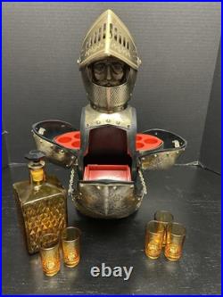 Vintage Nikka Whisky Gold Knight Armor Bar Glass Decanter & Set 5 Amber Glasses