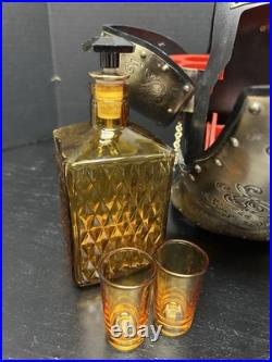 Vintage Nikka Whisky Gold Knight Armor Bar Glass Decanter & Set 5 Amber Glasses