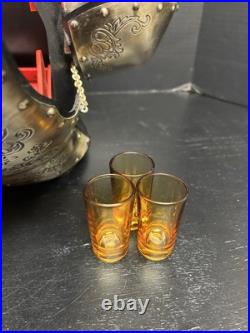 Vintage Nikka Whisky Gold Knight Armor Bar Glass Decanter & Set 5 Amber Glasses