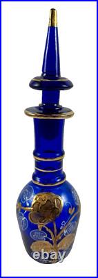 Vintage Nouveau Bohemian Hand-Painted Cobalt Blue & Gold Glass Decanter Floral