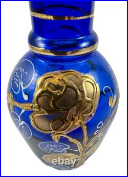 Vintage Nouveau Bohemian Hand-Painted Cobalt Blue & Gold Glass Decanter Floral
