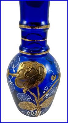 Vintage Nouveau Bohemian Hand-Painted Cobalt Blue & Gold Glass Decanter Floral