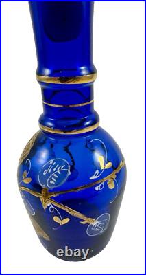 Vintage Nouveau Bohemian Hand-Painted Cobalt Blue & Gold Glass Decanter Floral