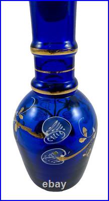 Vintage Nouveau Bohemian Hand-Painted Cobalt Blue & Gold Glass Decanter Floral