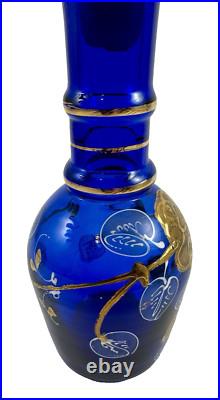 Vintage Nouveau Bohemian Hand-Painted Cobalt Blue & Gold Glass Decanter Floral