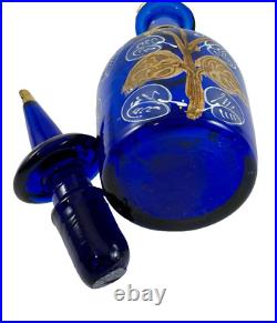 Vintage Nouveau Bohemian Hand-Painted Cobalt Blue & Gold Glass Decanter Floral