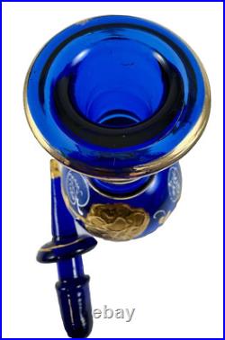 Vintage Nouveau Bohemian Hand-Painted Cobalt Blue & Gold Glass Decanter Floral
