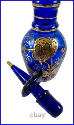 Vintage Nouveau Bohemian Hand-Painted Cobalt Blue & Gold Glass Decanter Floral