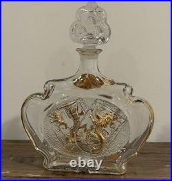 Vintage Oblin Armagnac France Glass Decanter Bottle Gilt Coat Of Arms Lions