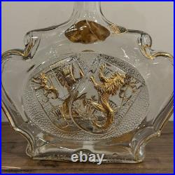 Vintage Oblin Armagnac France Glass Decanter Bottle Gilt Coat Of Arms Lions