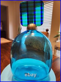 Vintage Oggetti Murano Art Glass Decanter Aqua Blue with Checkerboard Stopper