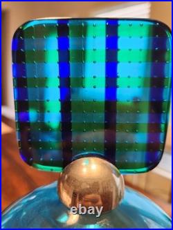 Vintage Oggetti Murano Art Glass Decanter Aqua Blue with Checkerboard Stopper