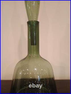 Vintage Olive Green 19 Handblown Glass Decanter Bottle with Flame Stopper