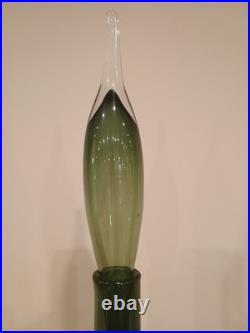 Vintage Olive Green 19 Handblown Glass Decanter Bottle with Flame Stopper