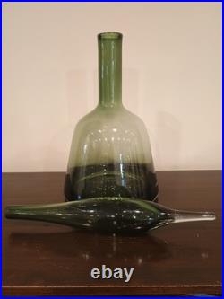Vintage Olive Green 19 Handblown Glass Decanter Bottle with Flame Stopper