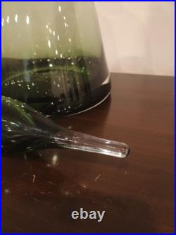 Vintage Olive Green 19 Handblown Glass Decanter Bottle with Flame Stopper