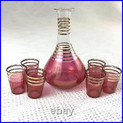 Vintage Ombre Pink & Gold Ringed Decanter Set with 6 Shot Glasses