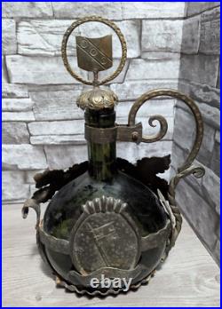 Vintage Ornate Metal Encased Green Glass Wine Bottle Decanter withStopper Bar Deco
