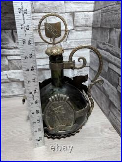 Vintage Ornate Metal Encased Green Glass Wine Bottle Decanter withStopper Bar Deco