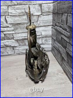 Vintage Ornate Metal Encased Green Glass Wine Bottle Decanter withStopper Bar Deco