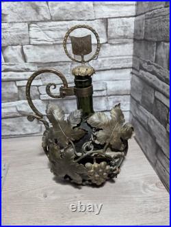 Vintage Ornate Metal Encased Green Glass Wine Bottle Decanter withStopper Bar Deco