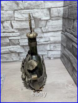 Vintage Ornate Metal Encased Green Glass Wine Bottle Decanter withStopper Bar Deco