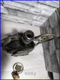 Vintage Ornate Metal Encased Green Glass Wine Bottle Decanter withStopper Bar Deco