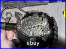 Vintage Ornate Metal Encased Green Glass Wine Bottle Decanter withStopper Bar Deco