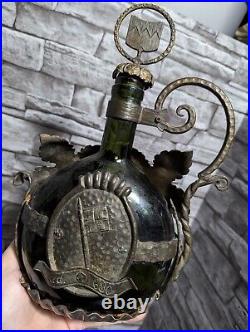 Vintage Ornate Metal Encased Green Glass Wine Bottle Decanter withStopper Bar Deco