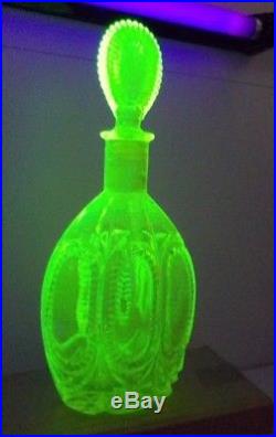 Vintage Ornate Uranium Glass Decanter with Stopper Vaseline Glass