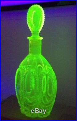 Vintage Ornate Uranium Glass Decanter with Stopper Vaseline Glass