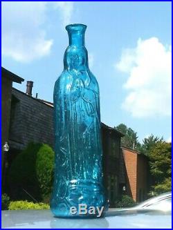 Vintage Our Lady of Guadalupe Holly Water Mexican Blue Glass Bottle decanter