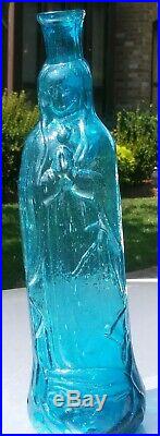 Vintage Our Lady of Guadalupe Holly Water Mexican Blue Glass Bottle decanter