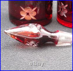 Vintage Pair Cranberry Dark Ruby Red Etched Art Glass Decanters With Stoppers