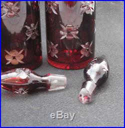 Vintage Pair Cranberry Dark Ruby Red Etched Art Glass Decanters With Stoppers