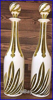 Vintage Pair Of Bohemian Czech Cased White To Yellow Cut Glass Decanters