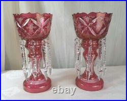Vintage Pair Of Cranberry Glass Mantle Lusters