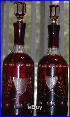 Vintage Pair Of Ruby Red & Clear Cut Glass Decanters & Stoppers W Floral Design