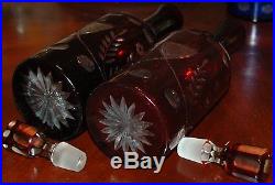 Vintage Pair Of Ruby Red & Clear Cut Glass Decanters & Stoppers W Floral Design