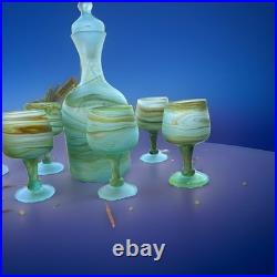 Vintage Phoenician Hebron Art Glass Decanter Set 5 Goblets & Tagged Carafe Mint