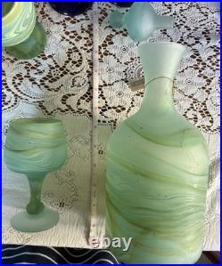 Vintage Phoenician Hebron Art Glass Decanter Set 5 Goblets & Tagged Carafe Mint